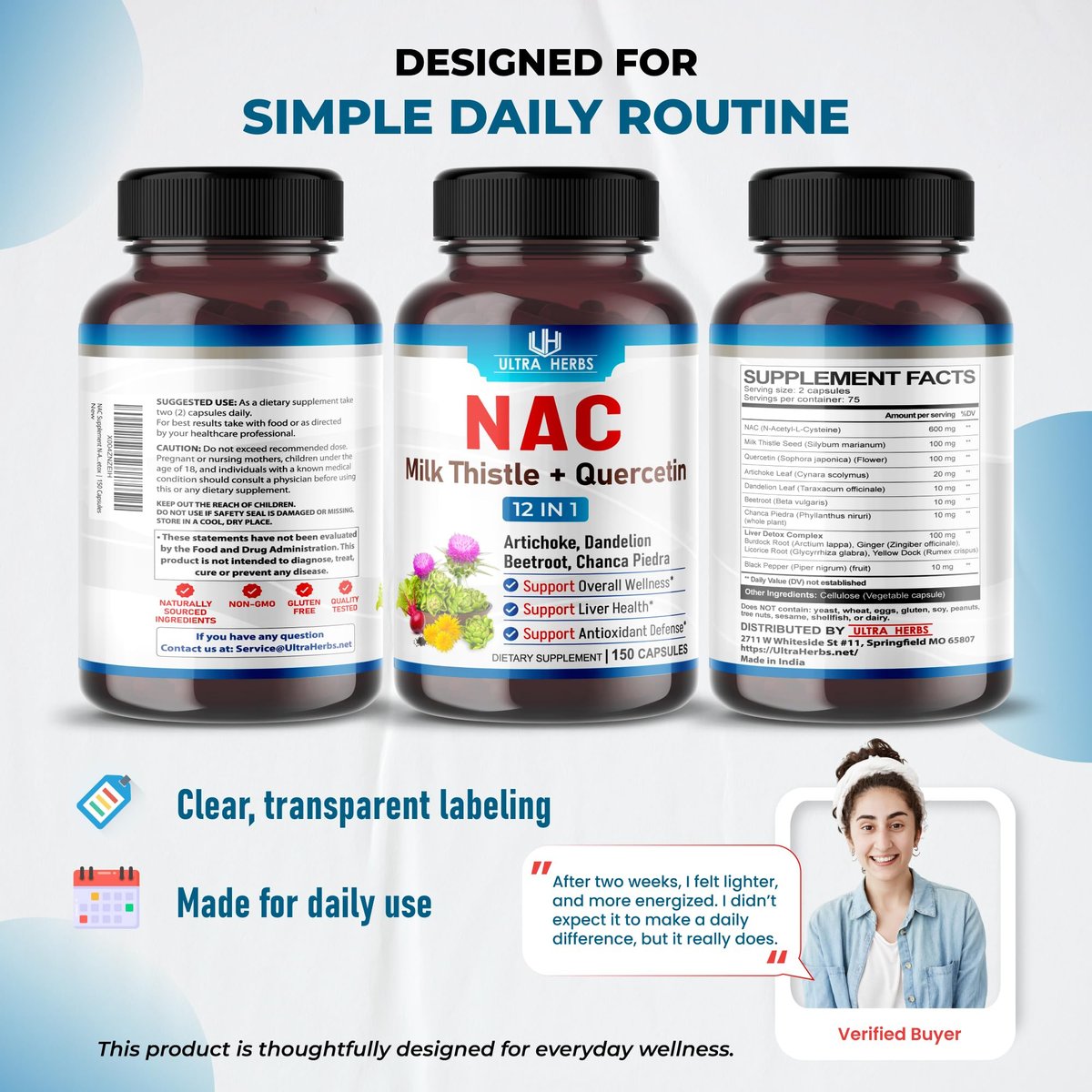 NAC Nahrungsergänzung mit N-Acetylcystein, Mariendistel & Quercetin – Unterstützt Immunsystem, Atemwege & Leberentgiftung | 150 Kapseln