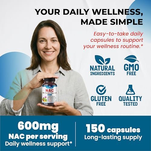 NAC Nahrungsergänzung mit N-Acetylcystein, Mariendistel & Quercetin – Unterstützt Immunsystem, Atemwege & Leberentgiftung | 150 Kapseln