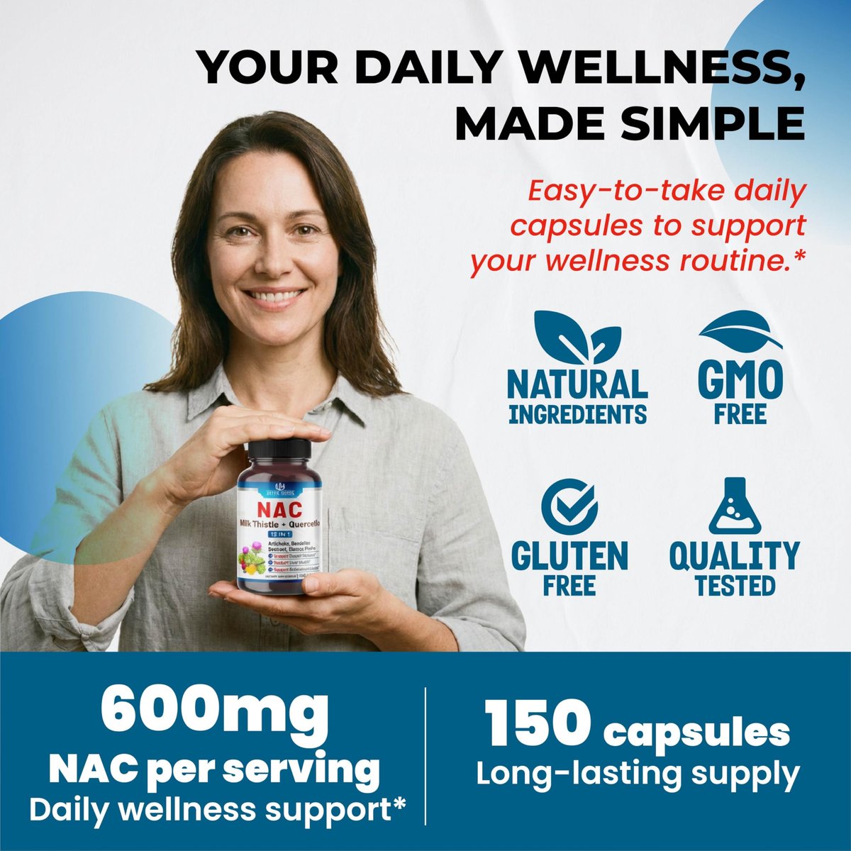 NAC Nahrungsergänzung mit N-Acetylcystein, Mariendistel & Quercetin – Unterstützt Immunsystem, Atemwege & Leberentgiftung | 150 Kapseln