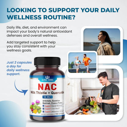 NAC Nahrungsergänzung mit N-Acetylcystein, Mariendistel & Quercetin – Unterstützt Immunsystem, Atemwege & Leberentgiftung | 150 Kapseln