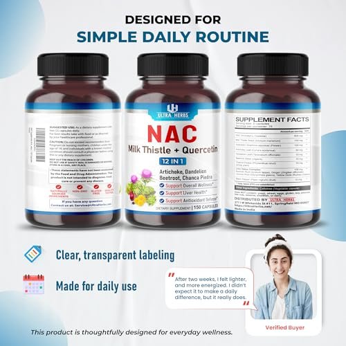 NAC Nahrungsergänzung mit N-Acetylcystein, Mariendistel & Quercetin – Unterstützt Immunsystem, Atemwege & Leberentgiftung | 150 Kapseln