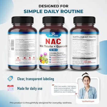 NAC Nahrungsergänzung mit N-Acetylcystein, Mariendistel & Quercetin – Unterstützt Immunsystem, Atemwege & Leberentgiftung | 150 Kapseln