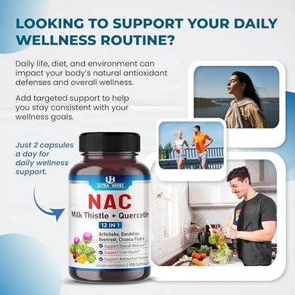 NAC Nahrungsergänzung mit N-Acetylcystein, Mariendistel & Quercetin – Unterstützt Immunsystem, Atemwege & Leberentgiftung | 150 Kapseln