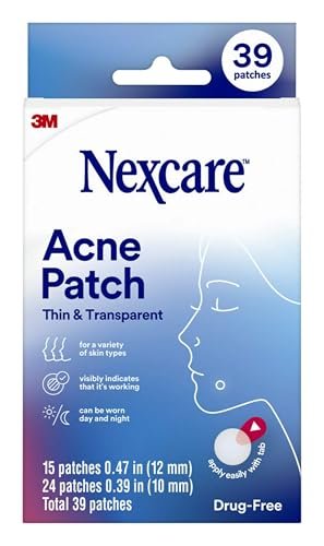 Nexcare Dünne und Transparente Akne-Pflaster, Hydrokolloid-Pflaster zur Absorption von Eiter und Öl aus verstopften Poren, mit Lasche zur einfachen Entfernung – 39 Pickel-Patches