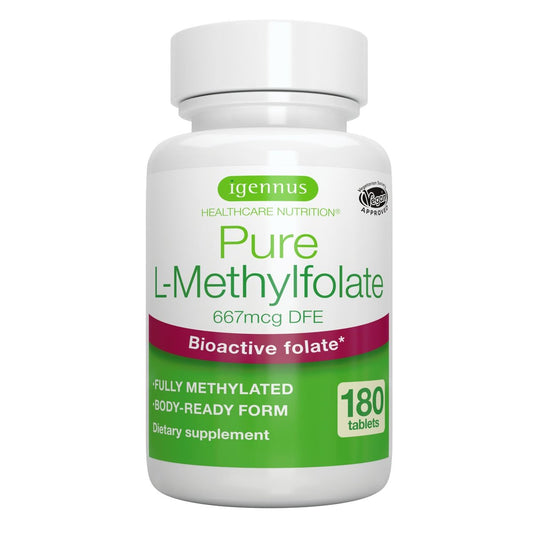 Igennus Pure Methyl Folat 400 mcg – 180 Tabletten, 6-Monatsvorrat, vegane, methylierte Form von Folsäure (5-MTHF), geeignet für die Schwangerschaft