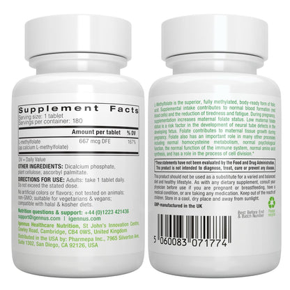 Igennus Pure Methyl Folat 400 mcg – 180 Tabletten, 6-Monatsvorrat, vegane, methylierte Form von Folsäure (5-MTHF), geeignet für die Schwangerschaft