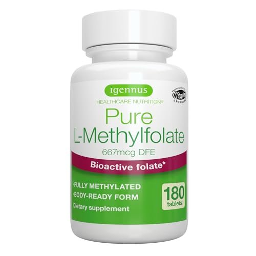 Igennus Pure Methyl Folat 400 mcg – 180 Tabletten, 6-Monatsvorrat, vegane, methylierte Form von Folsäure (5-MTHF), geeignet für die Schwangerschaft