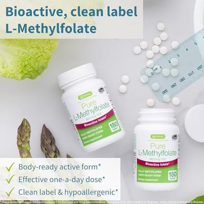 Igennus Pure Methyl Folat 400 mcg – 180 Tabletten, 6-Monatsvorrat, vegane, methylierte Form von Folsäure (5-MTHF), geeignet für die Schwangerschaft
