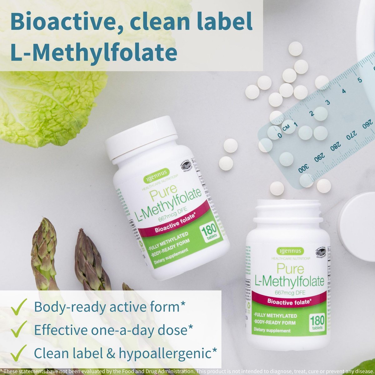 Igennus Pure Methyl Folat 400 mcg – 180 Tabletten, 6-Monatsvorrat, vegane, methylierte Form von Folsäure (5-MTHF), geeignet für die Schwangerschaft