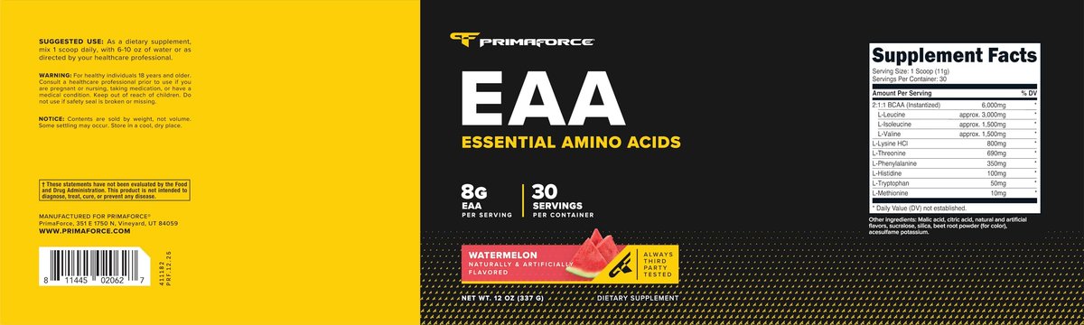 Primaforce EAA Pulver (30 Portionen) | Essentielle Aminosäuren für Pre/Intra Workout und Erholung – Nicht-GMO und Glutenfrei (Wassermelone)