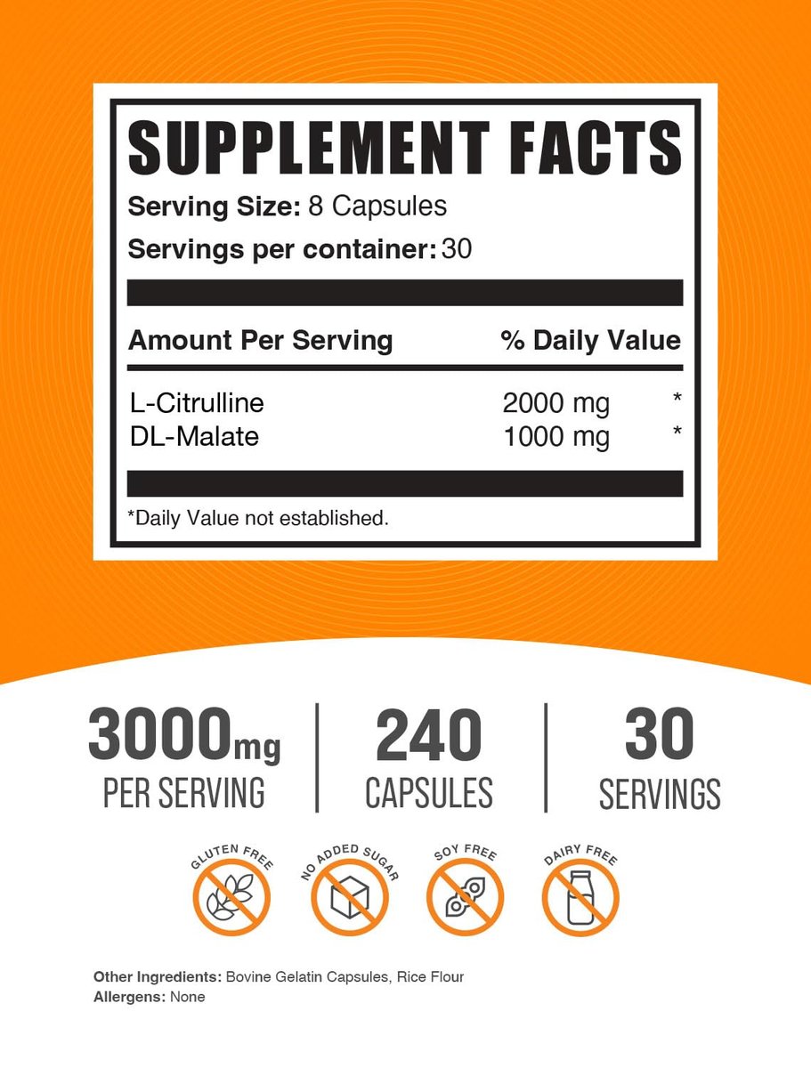 BulkSupplements.com L-Citrullin-Malat Kapseln - 2:1 Verhältnis, Stickstoffmonoxid-Booster, Glutenfrei, 8 Kapseln pro Portion (3000mg), 240 Stück