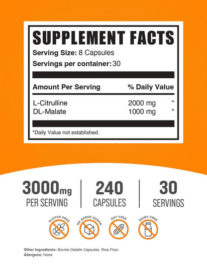 BulkSupplements.com L-Citrullin-Malat Kapseln - 2:1 Verhältnis, Stickstoffmonoxid-Booster, Glutenfrei, 8 Kapseln pro Portion (3000mg), 240 Stück