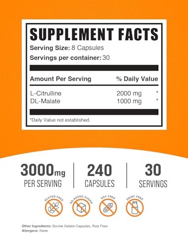 BulkSupplements.com L-Citrullin-Malat Kapseln - 2:1 Verhältnis, Stickstoffmonoxid-Booster, Glutenfrei, 8 Kapseln pro Portion (3000mg), 240 Stück