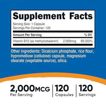 Nutricost Vitamin B12 (Methylcobalamin) 2000 mcg, 120 Kapseln – Vegetarische Kapseln, Nicht-GVO, Glutenfrei B12 Supplement