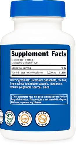 Nutricost Vitamin B12 (Methylcobalamin) 2000 mcg, 120 Kapseln – Vegetarische Kapseln, Nicht-GVO, Glutenfrei B12 Supplement