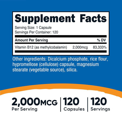 Nutricost Vitamin B12 (Methylcobalamin) 2000 mcg, 120 Kapseln – Vegetarische Kapseln, Nicht-GVO, Glutenfrei B12 Supplement