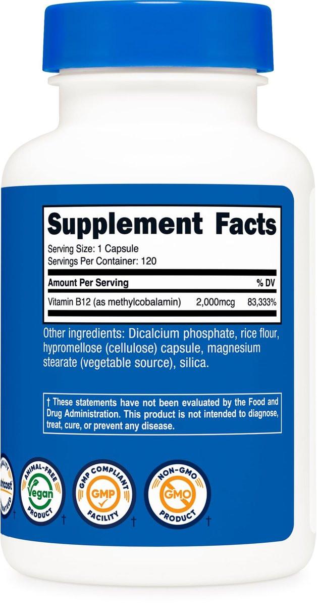 Nutricost Vitamin B12 (Methylcobalamin) 2000 mcg, 120 Kapseln – Vegetarische Kapseln, Nicht-GVO, Glutenfrei B12 Supplement