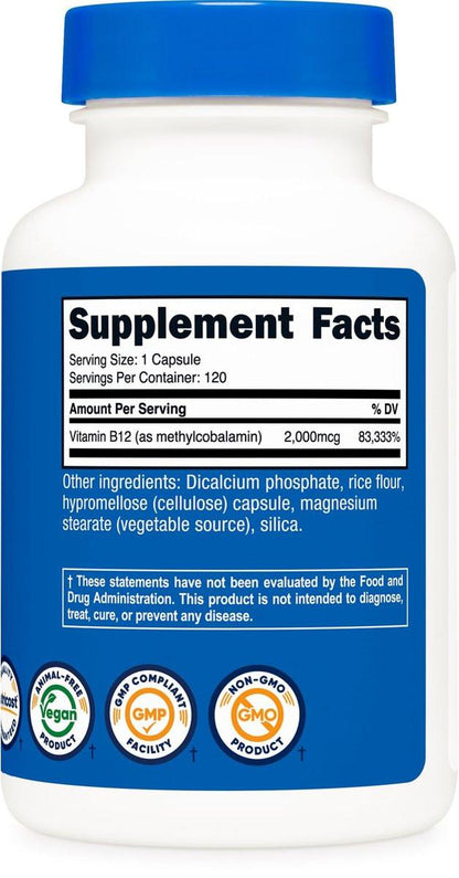 Nutricost Vitamin B12 (Methylcobalamin) 2000 mcg, 120 Kapseln – Vegetarische Kapseln, Nicht-GVO, Glutenfrei B12 Supplement