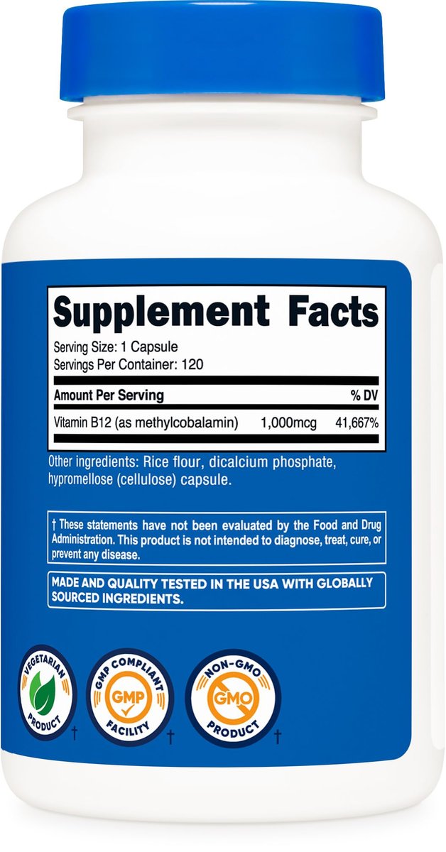 Nutricost Vitamin B12 (Methylcobalamin) 1000 mcg, 120 Kapseln – Vegetarisch, Nicht-GVO & Glutenfrei B12 Supplement