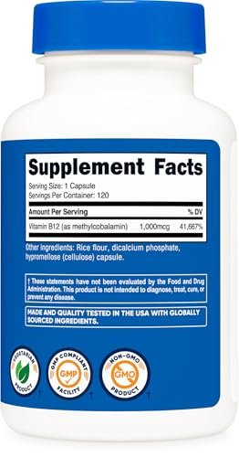 Nutricost Vitamin B12 (Methylcobalamin) 1000 mcg, 120 Kapseln – Vegetarisch, Nicht-GVO & Glutenfrei B12 Supplement