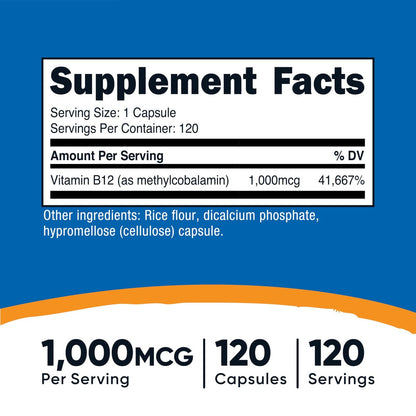Nutricost Vitamin B12 (Methylcobalamin) 1000 mcg, 120 Kapseln – Vegetarisch, Nicht-GVO & Glutenfrei B12 Supplement