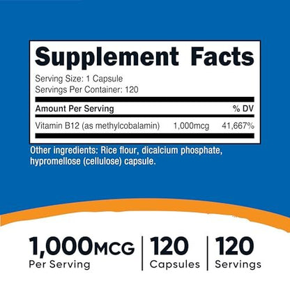 Nutricost Vitamin B12 (Methylcobalamin) 1000 mcg, 120 Kapseln – Vegetarisch, Nicht-GVO & Glutenfrei B12 Supplement