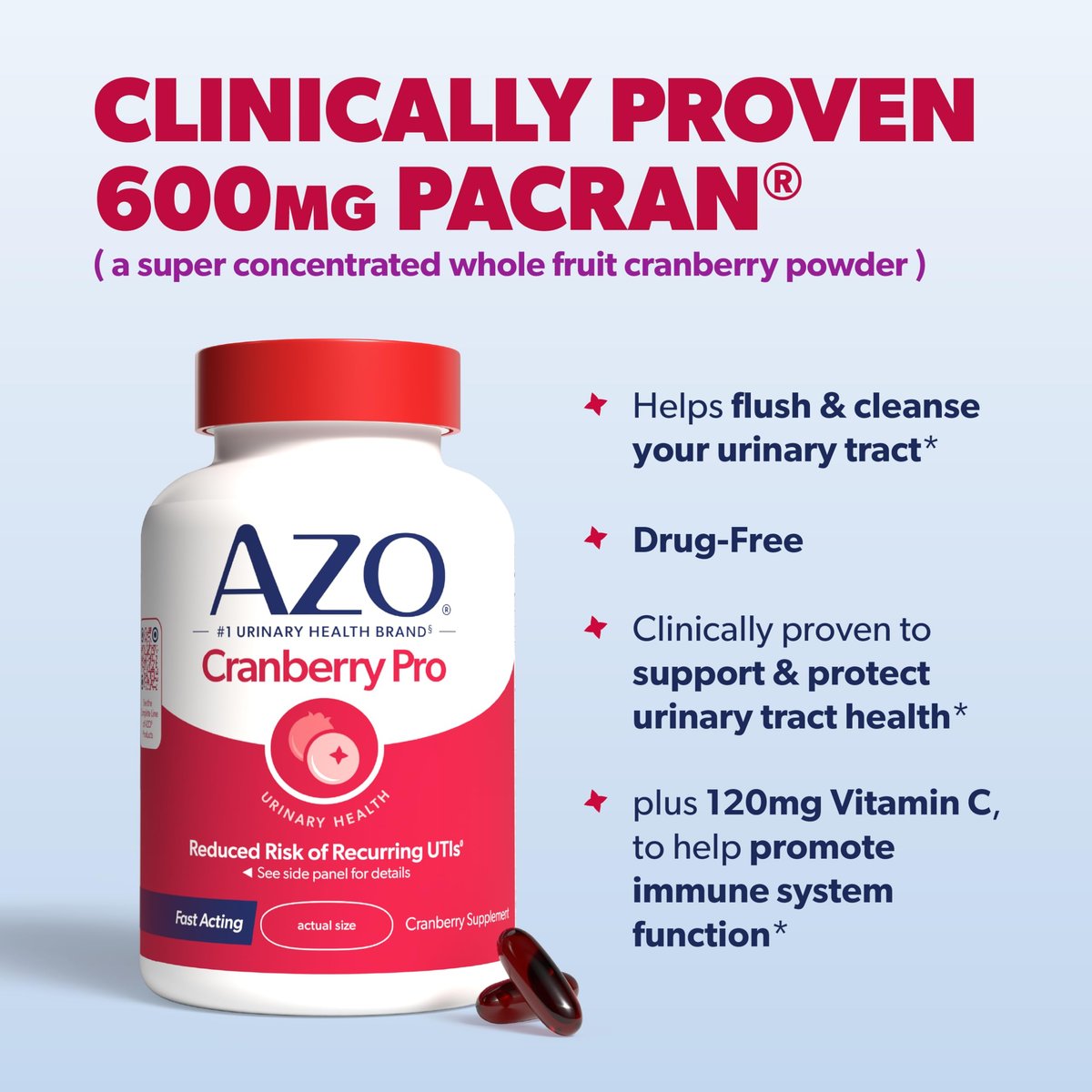 AZO Cranberry Pro – Cranberry-Kapseln für Frauen & Männer, 600 mg Pacran, mit konzentriertem Vollfrucht-Cranberry-Pulver zur Unterstützung der Harnwegsgesundheit*, zuckerfrei, ohne Gentechnik, 100 Softgels