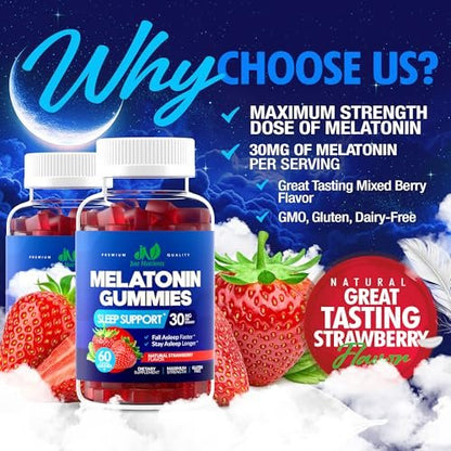 Melatonin 30mg Gummis für Erwachsene (60 Portionen) - Maximale Schlafunterstützung mit 30mg Melatonin pro Gummi - Glutenfrei, Zuckerfrei, 100% Vegetarisch, Erdbeergeschmack - 60 Gummis