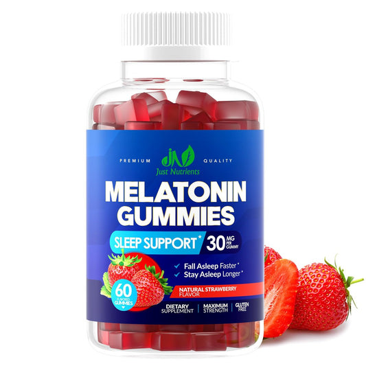 Melatonin 30mg Gummis für Erwachsene (60 Portionen) - Maximale Schlafunterstützung mit 30mg Melatonin pro Gummi - Glutenfrei, Zuckerfrei, 100% Vegetarisch, Erdbeergeschmack - 60 Gummis