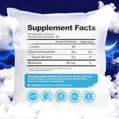 Melatonin 30mg Gummis für Erwachsene (60 Portionen) - Maximale Schlafunterstützung mit 30mg Melatonin pro Gummi - Glutenfrei, Zuckerfrei, 100% Vegetarisch, Erdbeergeschmack - 60 Gummis