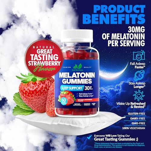 Melatonin 30mg Gummis für Erwachsene (60 Portionen) - Maximale Schlafunterstützung mit 30mg Melatonin pro Gummi - Glutenfrei, Zuckerfrei, 100% Vegetarisch, Erdbeergeschmack - 60 Gummis