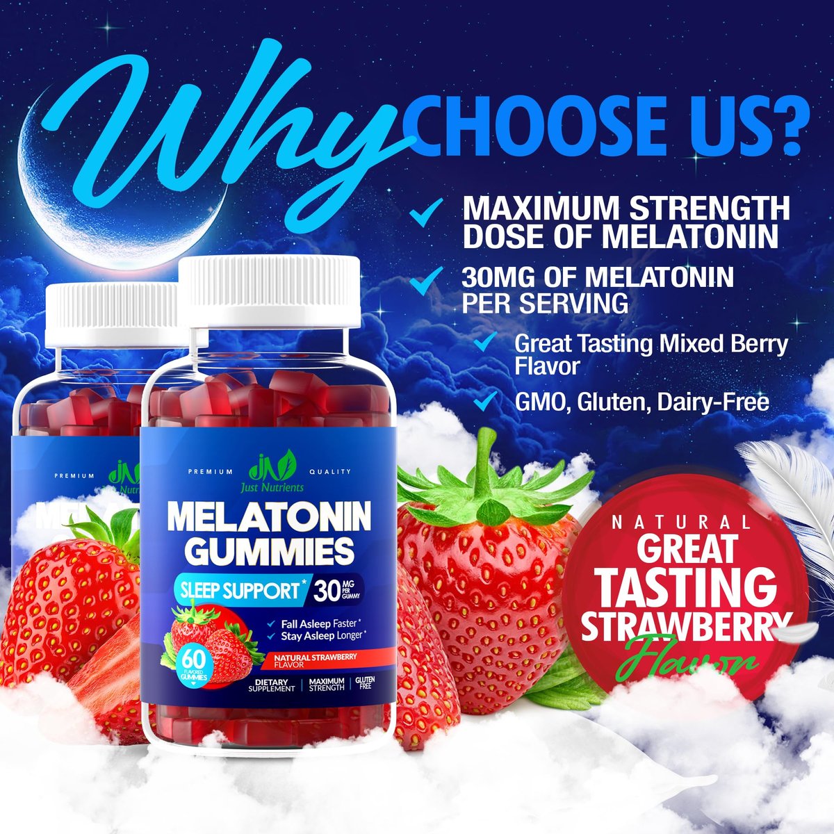 Melatonin 30mg Gummis für Erwachsene (60 Portionen) - Maximale Schlafunterstützung mit 30mg Melatonin pro Gummi - Glutenfrei, Zuckerfrei, 100% Vegetarisch, Erdbeergeschmack - 60 Gummis