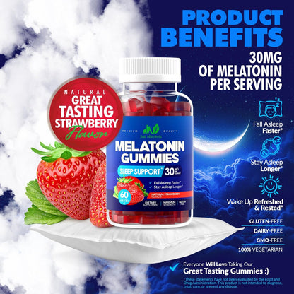 Melatonin 30mg Gummis für Erwachsene (60 Portionen) - Maximale Schlafunterstützung mit 30mg Melatonin pro Gummi - Glutenfrei, Zuckerfrei, 100% Vegetarisch, Erdbeergeschmack - 60 Gummis