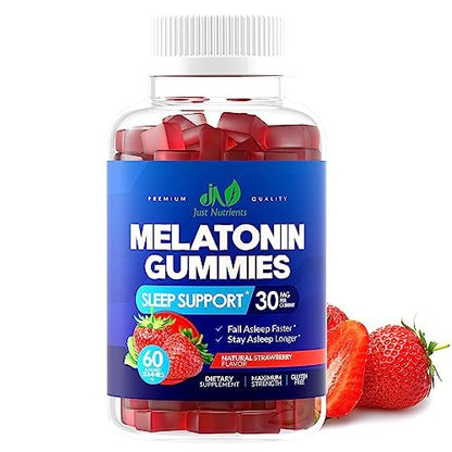Melatonin 30mg Gummis für Erwachsene (60 Portionen) - Maximale Schlafunterstützung mit 30mg Melatonin pro Gummi - Glutenfrei, Zuckerfrei, 100% Vegetarisch, Erdbeergeschmack - 60 Gummis