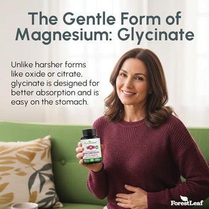 ForestLeaf Magnesium Glycinat 400mg – Hochdosiertes Magnesium für Schlaf, Entspannung & mehr – 90 Kapseln