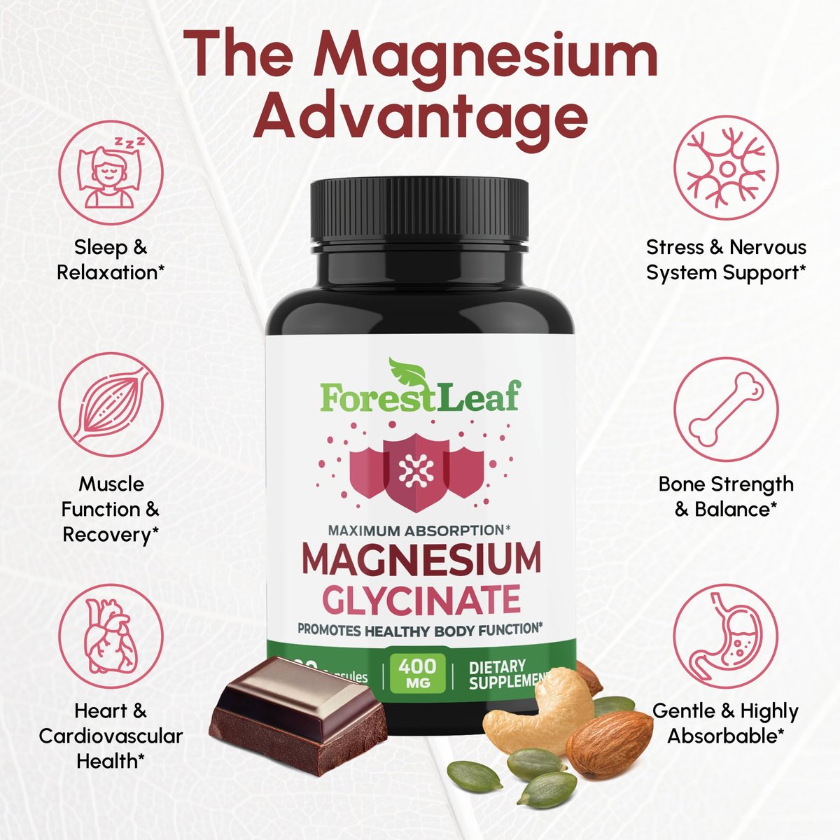 ForestLeaf Magnesium Glycinat 400mg – Hochdosiertes Magnesium für Schlaf, Entspannung & mehr – 90 Kapseln