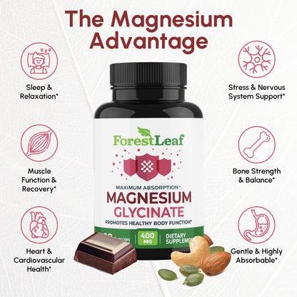ForestLeaf Magnesium Glycinat 400mg – Hochdosiertes Magnesium für Schlaf, Entspannung & mehr – 90 Kapseln
