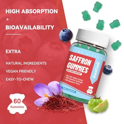 EAZGOO Safran Gummis mit Safranextrakt für positive Stimmung & ruhige Nerven, Energie, mit Garcinia Cambogia, Vitamin A, B12, Rhodiola Rosea – 60 Gummis