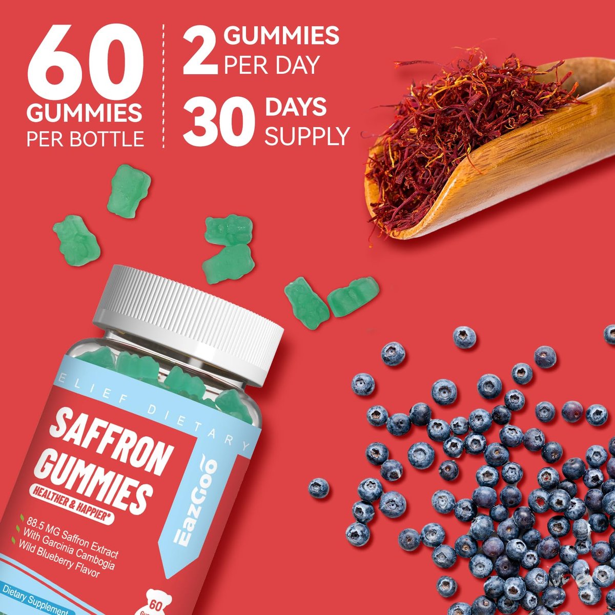 EAZGOO Safran Gummis mit Safranextrakt für positive Stimmung & ruhige Nerven, Energie, mit Garcinia Cambogia, Vitamin A, B12, Rhodiola Rosea – 60 Gummis