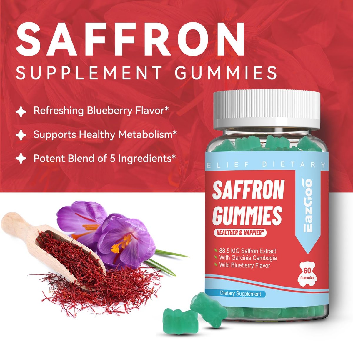EAZGOO Safran Gummis mit Safranextrakt für positive Stimmung & ruhige Nerven, Energie, mit Garcinia Cambogia, Vitamin A, B12, Rhodiola Rosea – 60 Gummis
