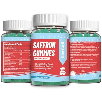 EAZGOO Safran Gummis mit Safranextrakt für positive Stimmung & ruhige Nerven, Energie, mit Garcinia Cambogia, Vitamin A, B12, Rhodiola Rosea – 60 Gummis