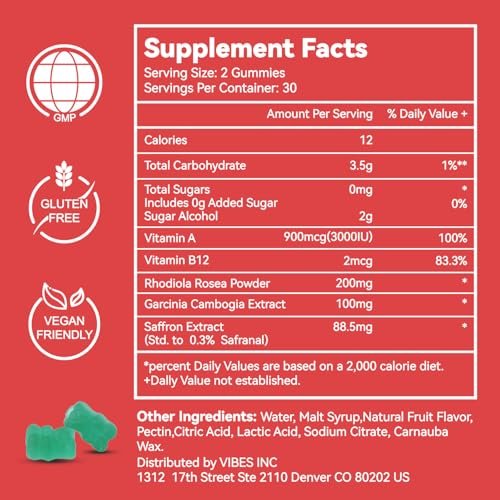 EAZGOO Safran Gummis mit Safranextrakt für positive Stimmung & ruhige Nerven, Energie, mit Garcinia Cambogia, Vitamin A, B12, Rhodiola Rosea – 60 Gummis