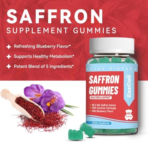 EAZGOO Safran Gummis mit Safranextrakt für positive Stimmung & ruhige Nerven, Energie, mit Garcinia Cambogia, Vitamin A, B12, Rhodiola Rosea – 60 Gummis