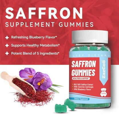 EAZGOO Safran Gummis mit Safranextrakt für positive Stimmung & ruhige Nerven, Energie, mit Garcinia Cambogia, Vitamin A, B12, Rhodiola Rosea – 60 Gummis
