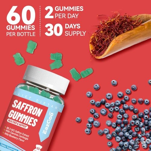 EAZGOO Safran Gummis mit Safranextrakt für positive Stimmung & ruhige Nerven, Energie, mit Garcinia Cambogia, Vitamin A, B12, Rhodiola Rosea – 60 Gummis