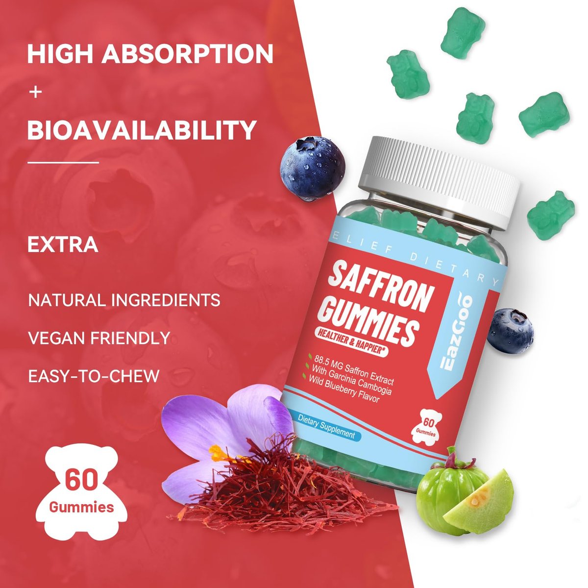 EAZGOO Safran Gummis mit Safranextrakt für positive Stimmung & ruhige Nerven, Energie, mit Garcinia Cambogia, Vitamin A, B12, Rhodiola Rosea – 60 Gummis