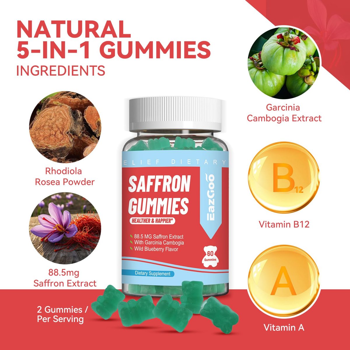 EAZGOO Safran Gummis mit Safranextrakt für positive Stimmung & ruhige Nerven, Energie, mit Garcinia Cambogia, Vitamin A, B12, Rhodiola Rosea – 60 Gummis