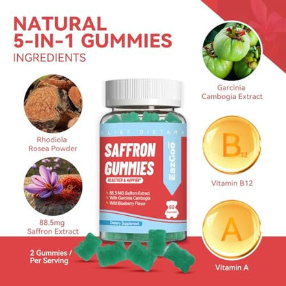 EAZGOO Safran Gummis mit Safranextrakt für positive Stimmung & ruhige Nerven, Energie, mit Garcinia Cambogia, Vitamin A, B12, Rhodiola Rosea – 60 Gummis
