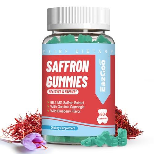 EAZGOO Safran Gummis mit Safranextrakt für positive Stimmung & ruhige Nerven, Energie, mit Garcinia Cambogia, Vitamin A, B12, Rhodiola Rosea – 60 Gummis
