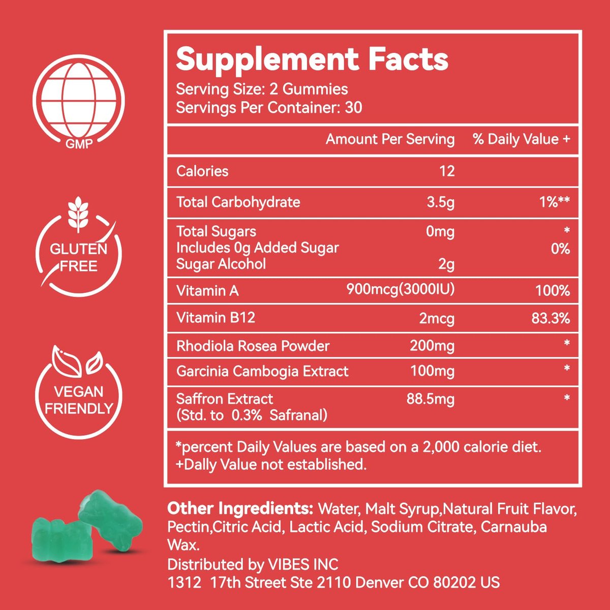 EAZGOO Safran Gummis mit Safranextrakt für positive Stimmung & ruhige Nerven, Energie, mit Garcinia Cambogia, Vitamin A, B12, Rhodiola Rosea – 60 Gummis